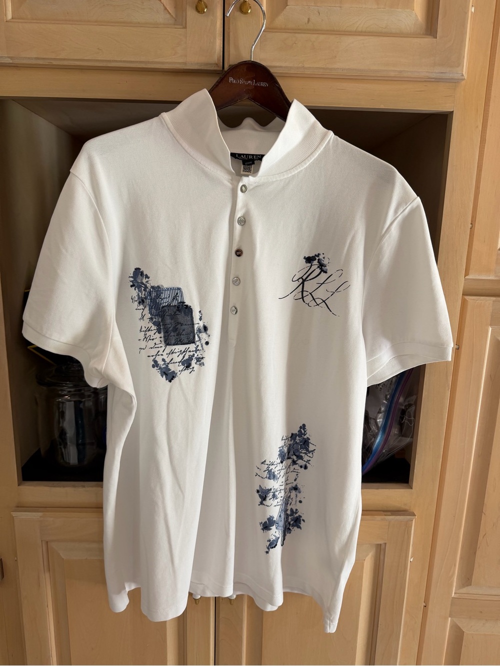 Lauren Ralph Lauren White Polo with Navy Script & Floral Motifs